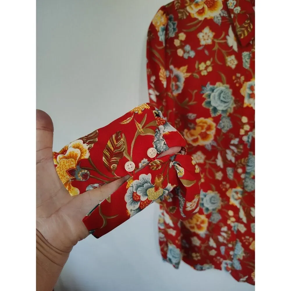 LOFT Red Floral Button Front Blouse Women's Small Cottagecore Boho Top - Picture 4 of 7